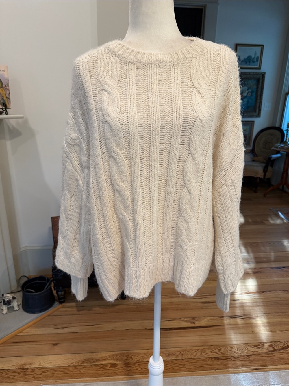 NWT Zara Cream Layered/Split-Sleeve Cable Knit Sweater. Size Large